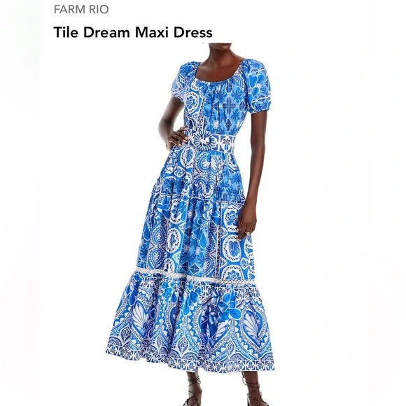 FARM Rio | Dresses | Blue And White Patterned Maxi Dress | Poshmark